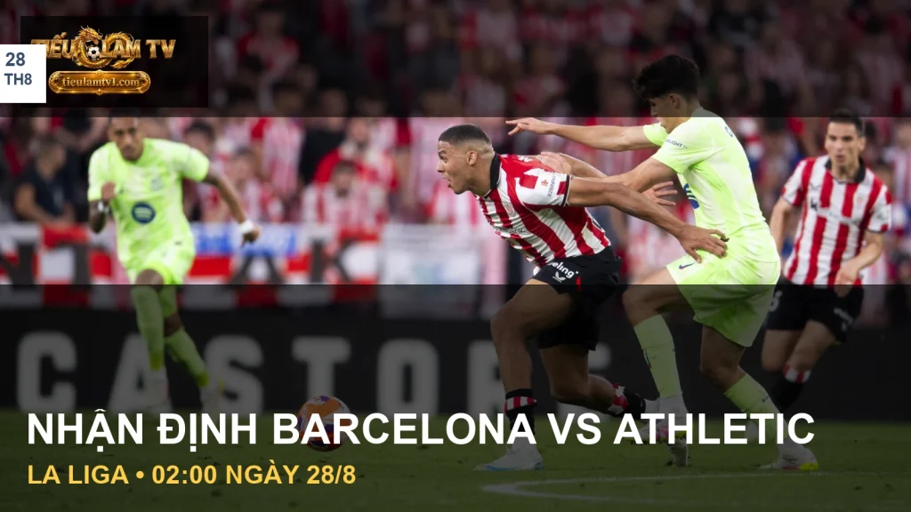 Cầu thủ Athletic Club và Barcelona tranh chấp trong trận LaLiga